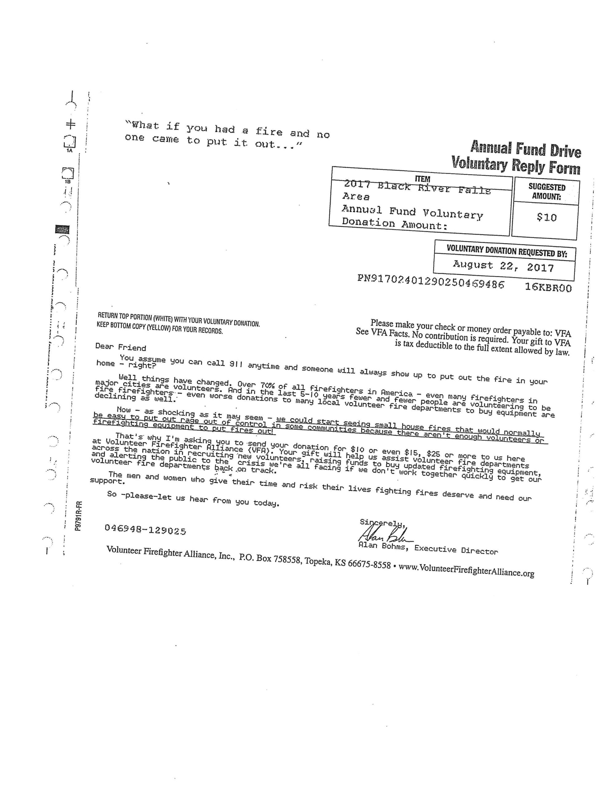 Fire Dept Solicitation City of Black River Falls